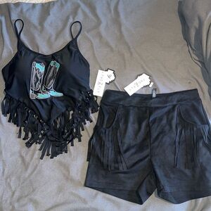 Black Fringe Tank Top and Shorts Set (Previously Owned)